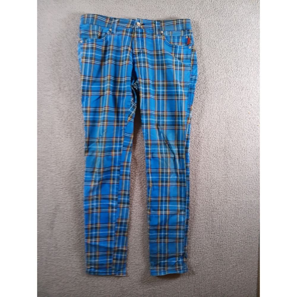 Tripp NYC Size 32 Blue Plaid Skinny Jeans Stretch Punk Goth Y2K Tartan